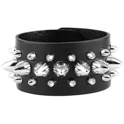 HZMAN Unisex Black Metal Spike Studded Punk Rock Biker Wide Strap Leather Bracelet