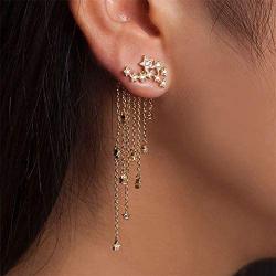Rose Gold Star Dangle Drop Earrings + Moon Adjustable Opening Ring Jewelry for Women and Girls Simple Lucky Star Tassel Long Chain Earrings