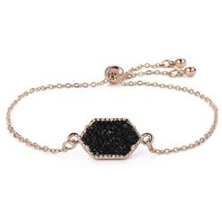 Women Girls Link Bracelet Silver Gold Plated in Faux Druzy Stone Sparkly Hexagon Quartz Adjustable Bracelet