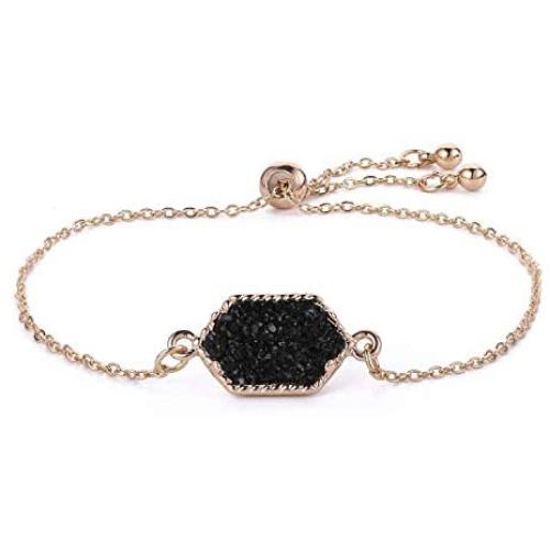 Women Girls Link Bracelet Silver Gold Plated in Faux Druzy Stone Sparkly Hexagon Quartz Adjustable Bracelet