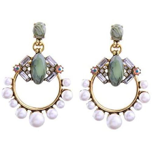 NORTHSTAR PEARLS AND JEWELRY: Green and White Hoop Circle Earrings for Adults, Simulated Pearls Drop Hang Dangle Earrings in Vintage Gold-Tone.Bohemian Fashion Jewelry.