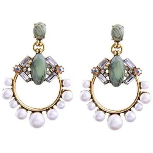 NORTHSTAR PEARLS AND JEWELRY: Green and White Hoop Circle Earrings for Adults, Simulated Pearls Drop Hang Dangle Earrings in Vintage Gold-Tone.Bohemian Fashion Jewelry.