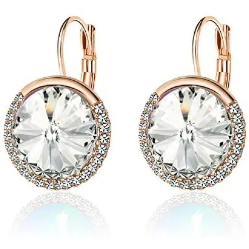 Round Swarovski Crystal Halo Drop Leverback Earrings for Women 14K Gold Plated Hypoallergenic Earrings Round Swarovski Crystal Halo Drop Leverback Earrings for Women 14K Gold Plated Hypoallergenic Earrings