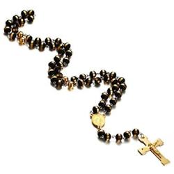 JAJAFOOK Mens Black Stainless Steel Black Gold Silicone Beads Rosary Necklace with Cross Pendant