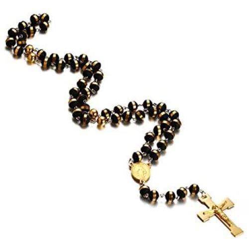 JAJAFOOK Mens Black Stainless Steel Black Gold Silicone Beads Rosary Necklace with Cross Pendant