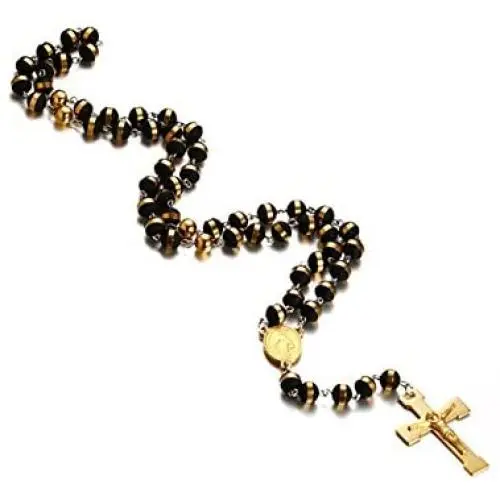 JAJAFOOK Mens Black Stainless Steel Black Gold Silicone Beads Rosary Necklace with Cross Pendant JAJAFOOK Mens Black Stainless Steel Black Gold Silicone Beads Rosary Necklace with Cross Pendant