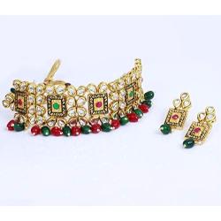 SANARA Indian Bollywood Gold Plated Bridal Red Green Kundan Necklace Earring Set Jewelry