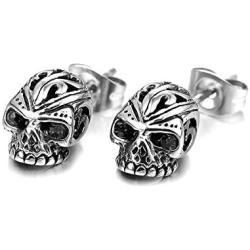 Fusamk Punk Rock Titanium Steel Flower Pattern Crystal Eye Skull Stud Earrings