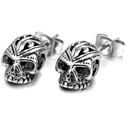 Fusamk Punk Rock Titanium Steel Flower Pattern Crystal Eye Skull Stud Earrings