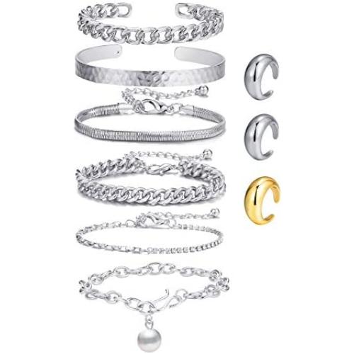 Gold Cuban Chain Bracelet Set & Open Dome Rings Set 14K Gold Plated Cuff Bangles Bracelets for Women Girls (9PCS)