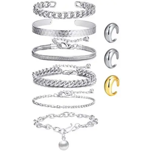 Gold Cuban Chain Bracelet Set & Open Dome Rings Set 14K Gold Plated Cuff Bangles Bracelets for Women Girls (9PCS) Gold Cuban Chain Bracelet Set & Open Dome Rings Set 14K Gold Plated Cuff Bangles Bracelets for Women Girls (9PCS)