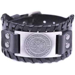 fishhook Norse Viking Vegvisir Compass 24 Amulet Runes Bangle Leather Bracelet