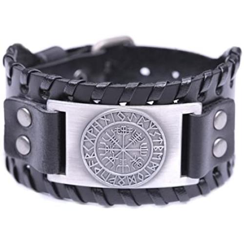 fishhook Norse Viking Vegvisir Compass 24 Amulet Runes Bangle Leather Bracelet