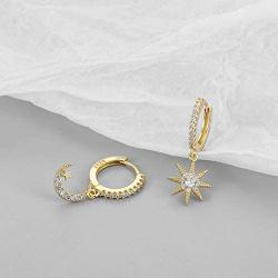Moon And Star Charms Dangle Hoop Earrings for Women, Dangle Hoops for Teen Girls And Women, S925 14K Gold Plated with Cubic Zirconia Earrings