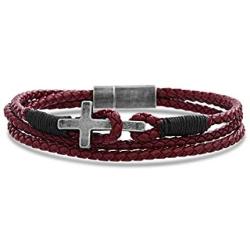 Steve Madden Stainless Steel Cross Station Leather Wrap Bracelet for Men