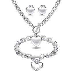 LOYALLOOK 3Sets Heart Pendant Necklace Toggle Chain Heart Bracelet Heart Stud Earrings for Women Stainless Steel Charm Love Heart Jewelry Set