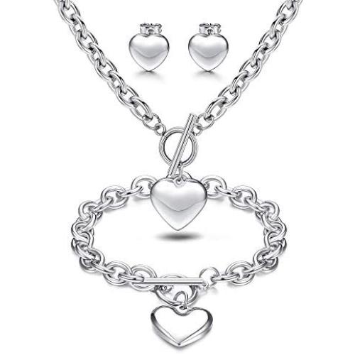 LOYALLOOK 3Sets Heart Pendant Necklace Toggle Chain Heart Bracelet Heart Stud Earrings for Women Stainless Steel Charm Love Heart Jewelry Set