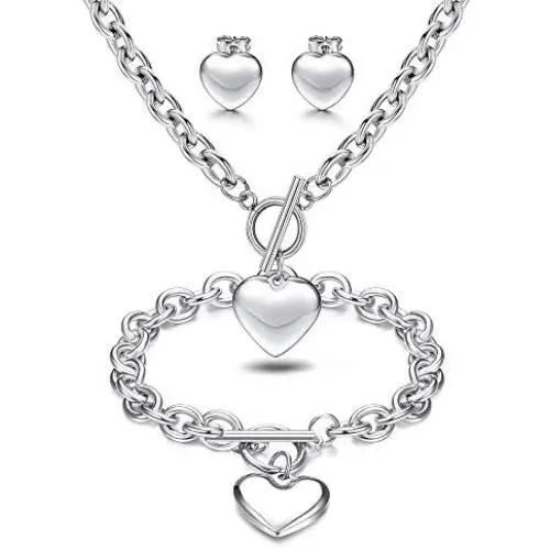 LOYALLOOK 3Sets Heart Pendant Necklace Toggle Chain Heart Bracelet Heart Stud Earrings for Women Stainless Steel Charm Love Heart Jewelry Set