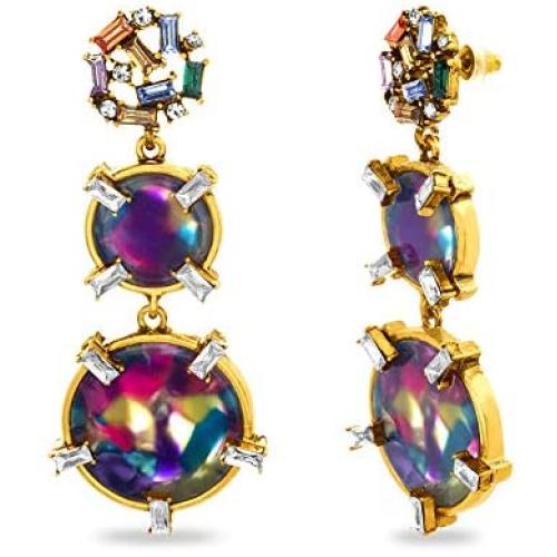 CATHERINE MALANDRINO Yellow Gold-Tone Statement Baguette Rhinestone Rainbow Acrylic Drop Earrings for Women