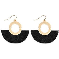 Bohemian Fan Fringe Thread Tassel Drop Earrings - Statement Half Circle, Clover Leatherette, Flower, Quatrefoil Chandelier Dangles