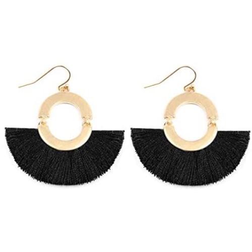 Bohemian Fan Fringe Thread Tassel Drop Earrings - Statement Half Circle, Clover Leatherette, Flower, Quatrefoil Chandelier Dangles