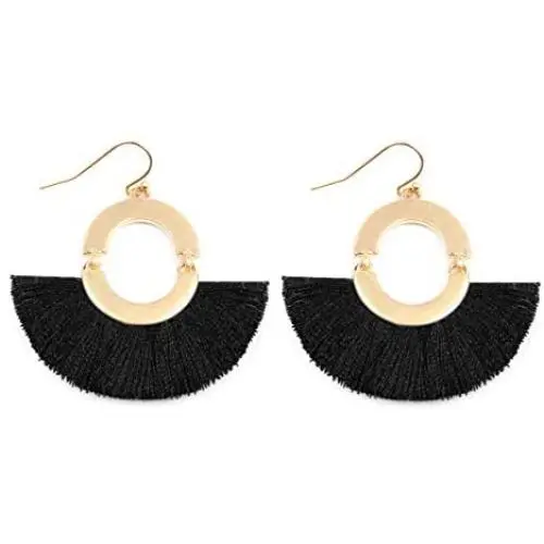 Bohemian Fan Fringe Thread Tassel Drop Earrings - Statement Half Circle, Clover Leatherette, Flower, Quatrefoil Chandelier Dangles Bohemian Fan Fringe Thread Tassel Drop Earrings - Statement Half Circle, Clover Leatherette, Flower, Quatrefoil Chandelier Dangles