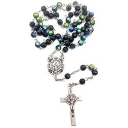 Nazareth Store Saint Benedict Rosary Necklace Deep Blue With Sheen Crystal Beads, Silver Miraculous Medal and Cross NR - Velvet Bag