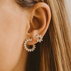 MYEARS Women Gold Stud Earrings Trio Diamond CZ Open Triangle Three Cluster Round Opal Flower Leaf 14K Gold Filled Small Boho Beach Simple Delicate Handmade Hypoallergenic Jewelry Gift