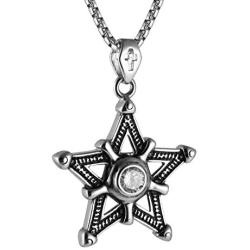 HZMAN Celtic Pentagram Starfish Rudder Amulet Pendant Zircon Star Men and Women Stainless Steel Necklace 22 + 2 Inch Chain