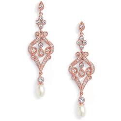 Mariell Vintage Cubic Zirconia and Rose Gold Bridal Earrings with Genuine Freshwater Pearl Drops