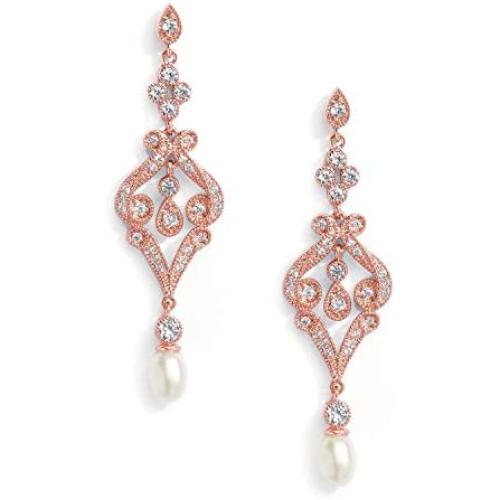 Mariell Vintage Cubic Zirconia and Rose Gold Bridal Earrings with Genuine Freshwater Pearl Drops