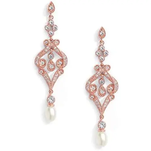 Mariell Vintage Cubic Zirconia and Rose Gold Bridal Earrings with Genuine Freshwater Pearl Drops