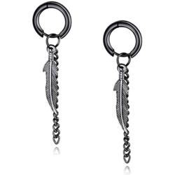 Men Feather Hoop Earrings Tassel Dangle Chain Punk Ear Studs Stainless Steel Silver Piercing Jewelry