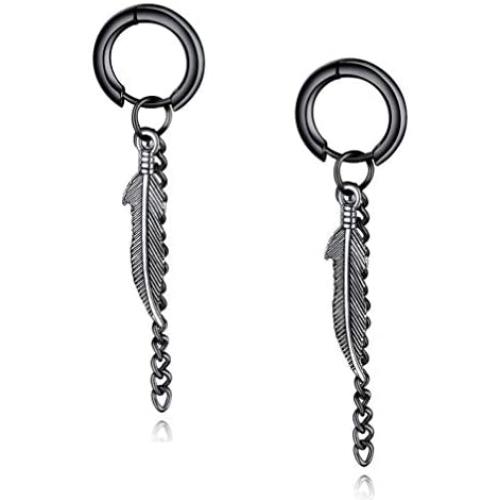 Men Feather Hoop Earrings Tassel Dangle Chain Punk Ear Studs Stainless Steel Silver Piercing Jewelry