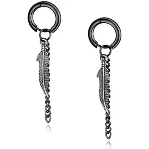 Men Feather Hoop Earrings Tassel Dangle Chain Punk Ear Studs Stainless Steel Silver Piercing Jewelry Men Feather Hoop Earrings Tassel Dangle Chain Punk Ear Studs Stainless Steel Silver Piercing Jewelry