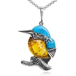 Sterling Silver Amber Blue Stabilized Turquoise Kingfisher Bird Pendant Necklace Chain 18 Inches
