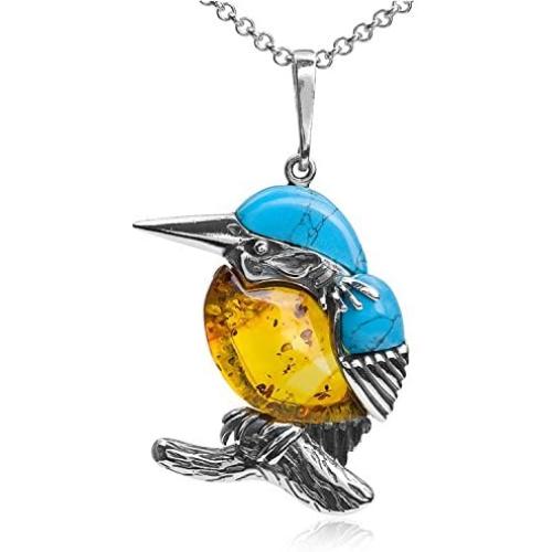 Sterling Silver Amber Blue Stabilized Turquoise Kingfisher Bird Pendant Necklace Chain 18 Inches