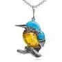 Sterling Silver Amber Blue Stabilized Turquoise Kingfisher Bird Pendant Necklace Chain 18 Inches