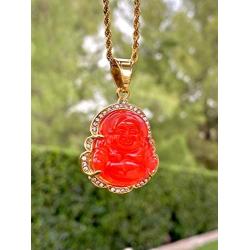 Iced Laughing Buddha Red Jade Pendant Necklace Rope Chain Genuine Certified Grade A Jadeite Jade Hand Crafted, Jade Necklace, 14k Gold Filled Laughing Jade Buddha Necklace, Jade Medallion, Fast Prime Shipping