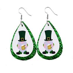 6 Pairs Gnome Faux Leather Dangle Earrings Set Green Teardrop Lightweight Drop Earrings for Women Girls St Patricks Day Party Jewelry Gift