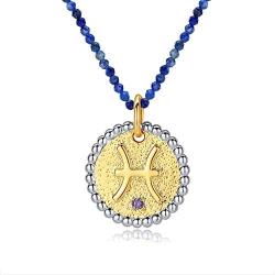 SISMIURRA 12 Zodiac Necklace 18K Gold Plated Natural Stone Chain 5A CZ Astrology Coin Pendant Necklace Birthday Jewelry Gifts for Women Girls