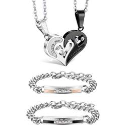 Jstyle 4Pcs Couple Necklace Bracelets Matching Set for Women Men Love Heart Pendant Necklace His & Hers Bracelets Couple Gift