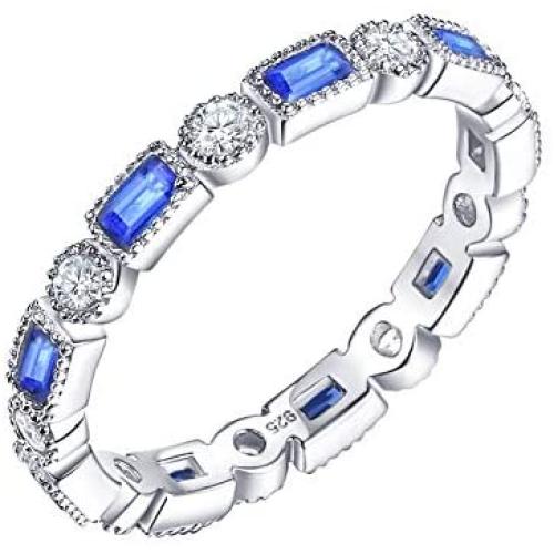 Newshe Blue Emerald Eternity Rings for Women 925 Sterling Silver Gemstone Wedding Bands Cz Size 5-10