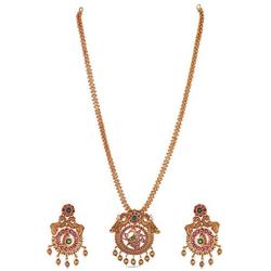 Tarinika Bani Gold-Plated Cubic Zirconia Pendant Indian Necklace and Earrings Jewelry Set - Red Green