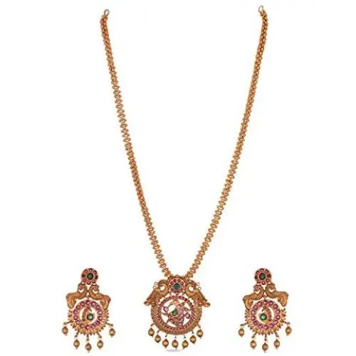Tarinika Bani Gold-Plated Cubic Zirconia Pendant Indian Necklace and Earrings Jewelry Set - Red Green Tarinika Bani Gold-Plated Cubic Zirconia Pendant Indian Necklace and Earrings Jewelry Set - Red Green