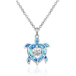 JO WISDOM Blue Fire Opal Dolphins/Turtle Necklaces,925 Sterling Silver Dancing Diamond Cubic Zirconia Animal Pendant Necklace