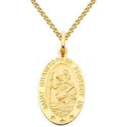 The World Jewelry Center 14k Yellow Gold Religious Saint Christopher Medal Pendant with 1.5mm Flat Open Wheat Chain Necklace