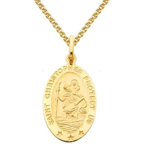 The World Jewelry Center 14k Yellow Gold Religious Saint Christopher Medal Pendant with 1.5mm Flat Open Wheat Chain Necklace