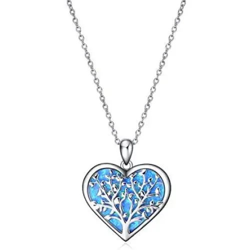 Tree of Life Heart Simulated Opal Pendant Necklace, 925 Sterling Silver Jewelry Christmas Birthday Friendship Gifts for Women Forever in My Heart