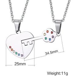 HUANIAN Stainless Steel Key to Heart Rainbow Crystal Couple Pendant Necklace for Gay & Lesbian Pride Promise